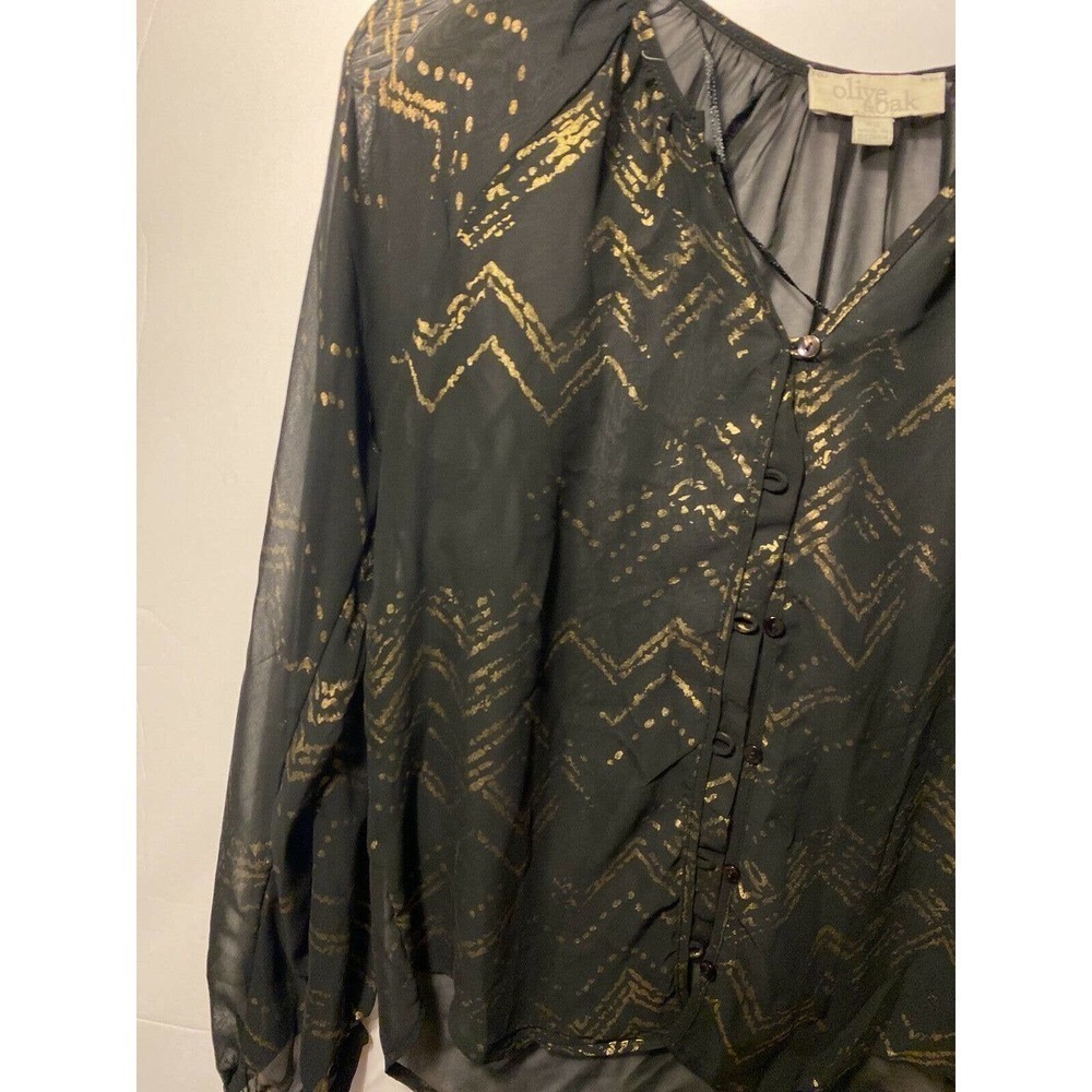 Olive & Oak Button Up Blouse Sheer Long Sleeves XS Black Brown Metallic Pattern - Picture 3 of 7